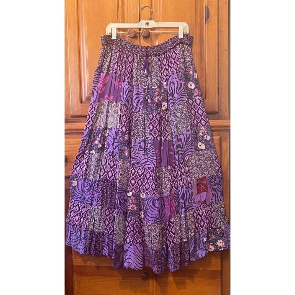 Patchwork Maxi Skirt Womens L Purple Prints Florals Boho Whimsy Gypsy Hippie Art